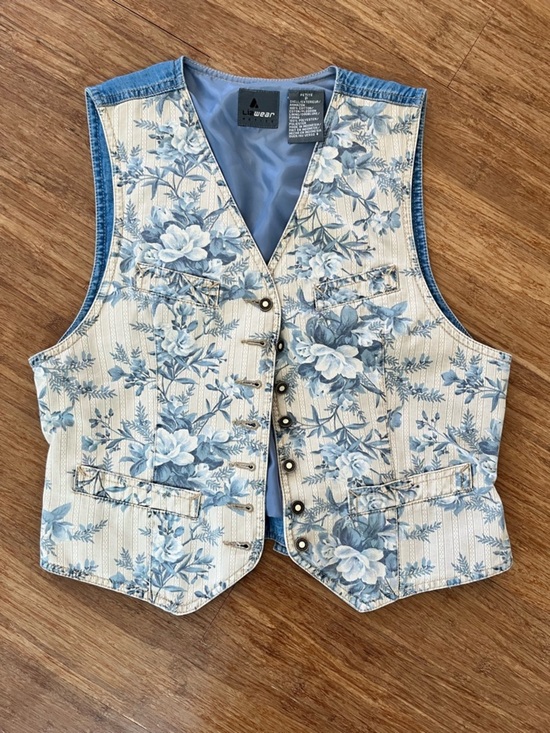Vintage Jackets & Blazers - Vintage Lizwear Floral Denim Vest Petite Blue Cottagecore Button Front, Sz S